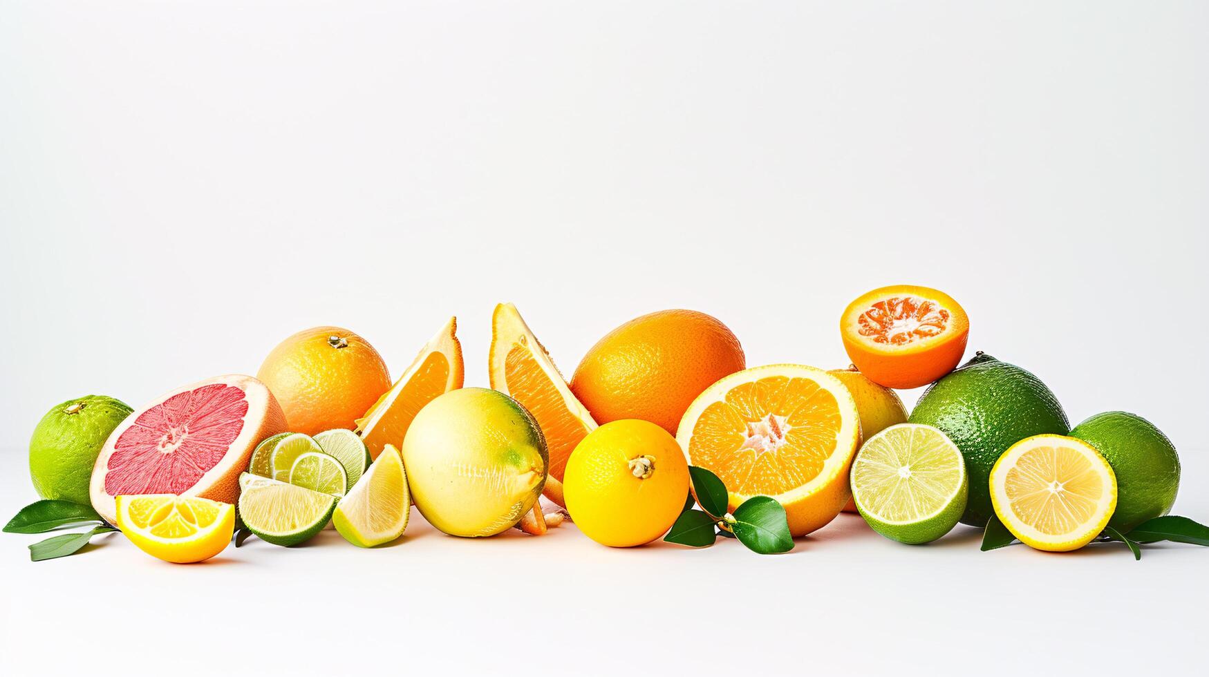 een overvloedig selectie van vers, levendig fruit zijn verspreide kunstzinnig Aan de ongerept wit achtergrond foto