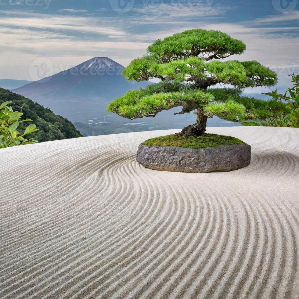 een bonsai boom in een zand duin met een berg in de achtergrond foto