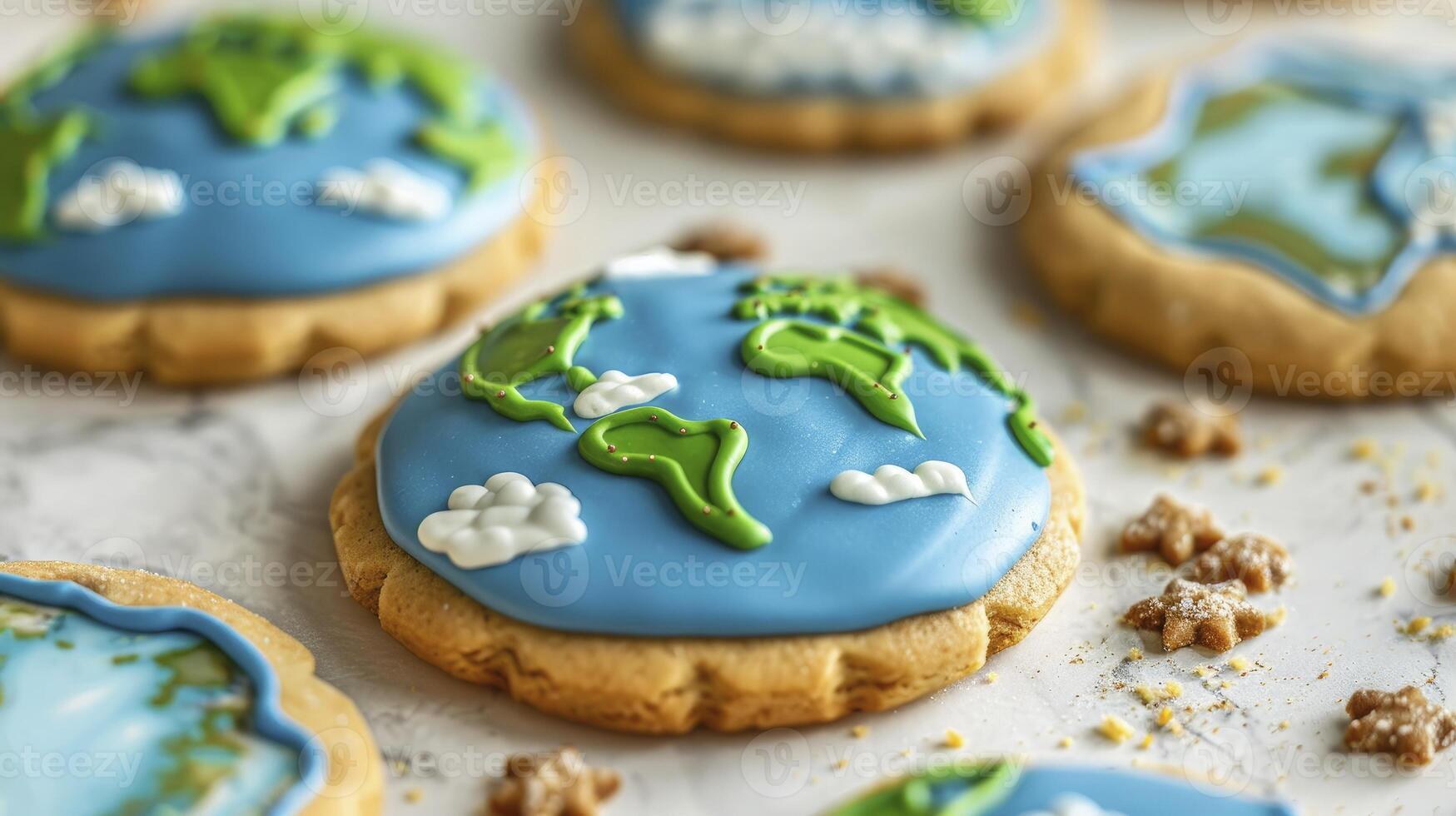 een dichtbij omhoog van koekjes versierd met blauw en groen suikerglazuur de vorm van aarde foto