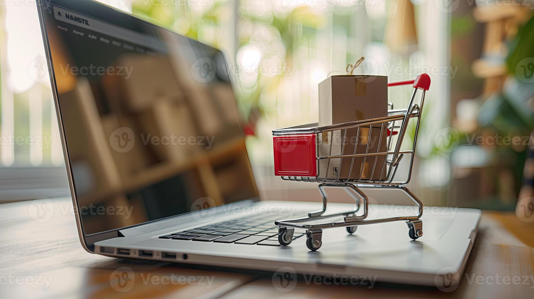 een miniatuur boodschappen doen kar Aan een toetsenbord van een computer, snel boodschappen doen en levering systeem foto