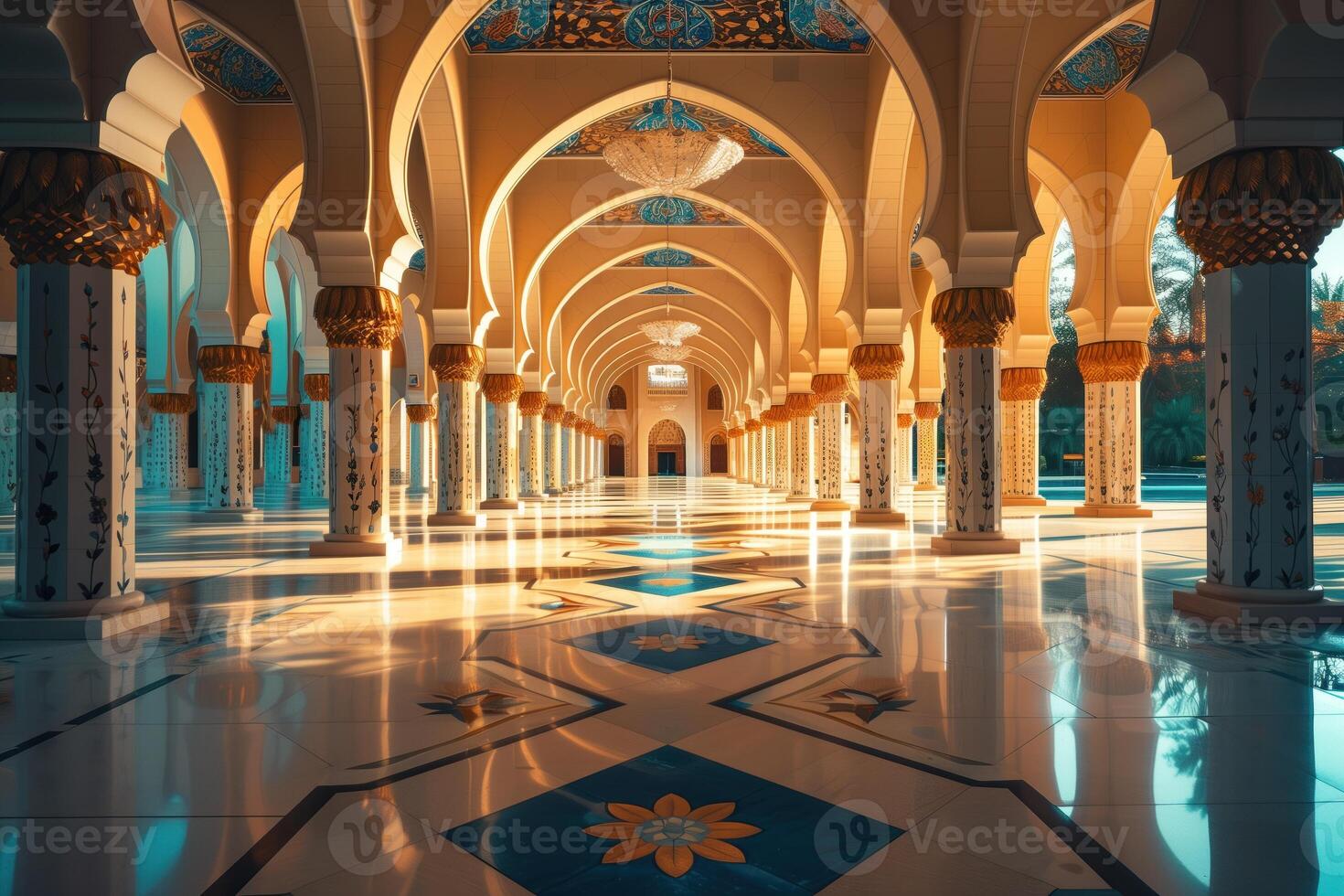 moskee interieur met mooi vloer, kolommen en plafond, zonneschijn komt eraan wel de achtergrond foto