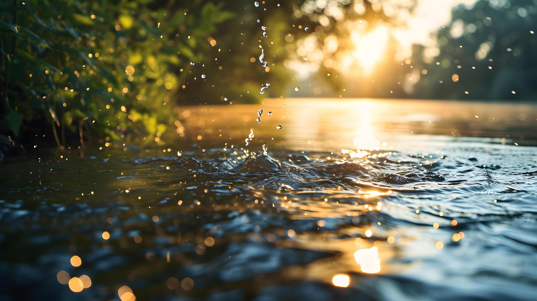 spatten water Aan de rivier- bank met wazig achtergrond van zonlicht en bokeh licht foto