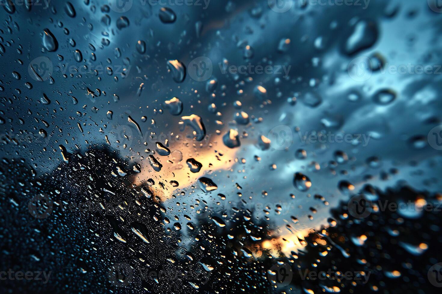 groot druppels van regen Aan de glas of kap van een auto met de lucht weerspiegeld. gegenereerd door kunstmatig intelligentie- foto