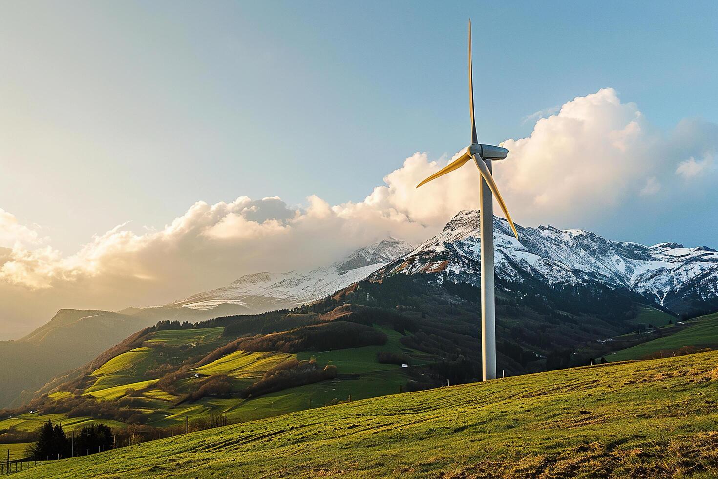 windmolen, turbine in bergachtig Oppervlakte. de concept van onderwijs alternatief energie en besparing de omgeving. foto