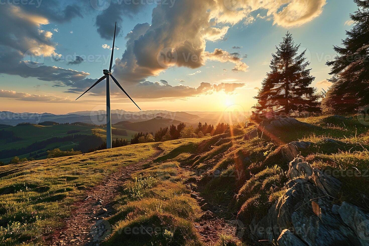 windmolen, turbine in de midden- van groen heuvels Bij zonsondergang, ochtendgloren. alternatief energie concept. foto