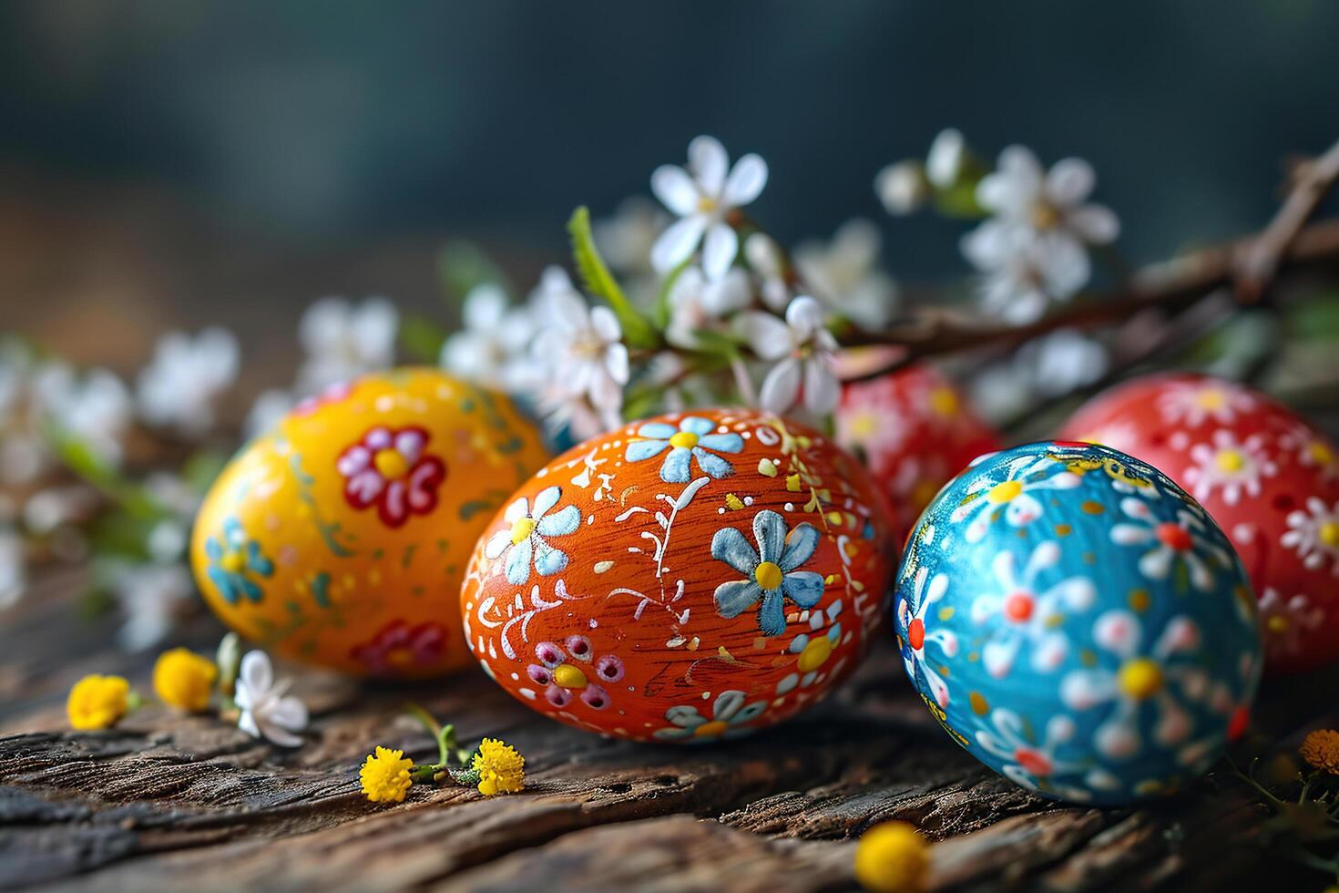 mooi versierd Pasen eieren Aan een blauw houten oppervlak. Pasen samenstelling, top visie. foto