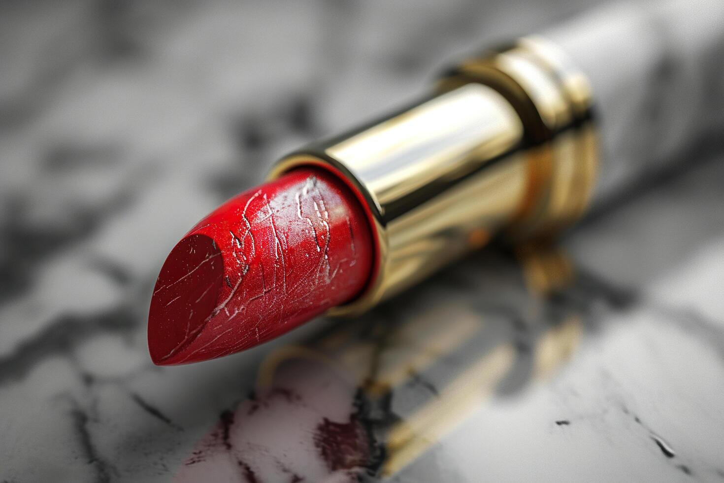 detailopname van rood lippenstift in een goud buis. gegenereerd door kunstmatig intelligentie- foto