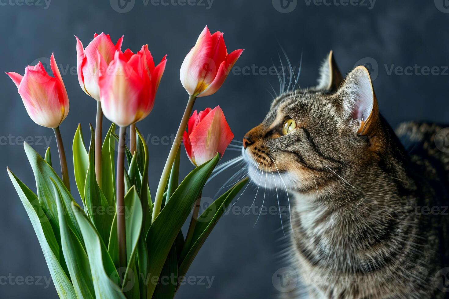 huiselijk gestreept kat met tulpen. . foto