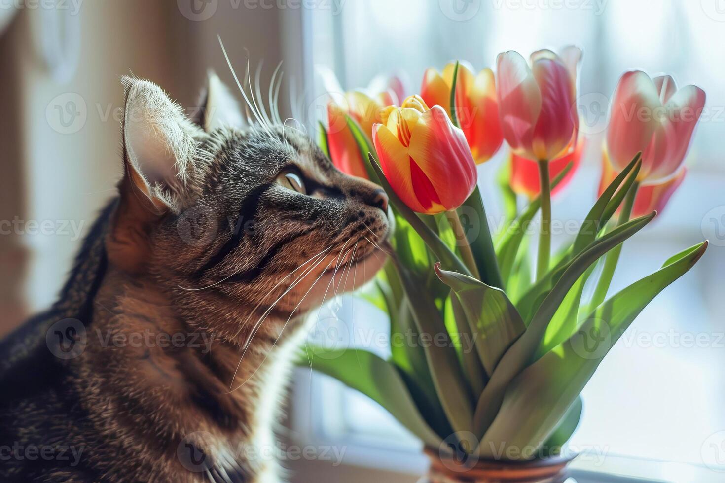 huiselijk gestreept kat met tulpen. . foto