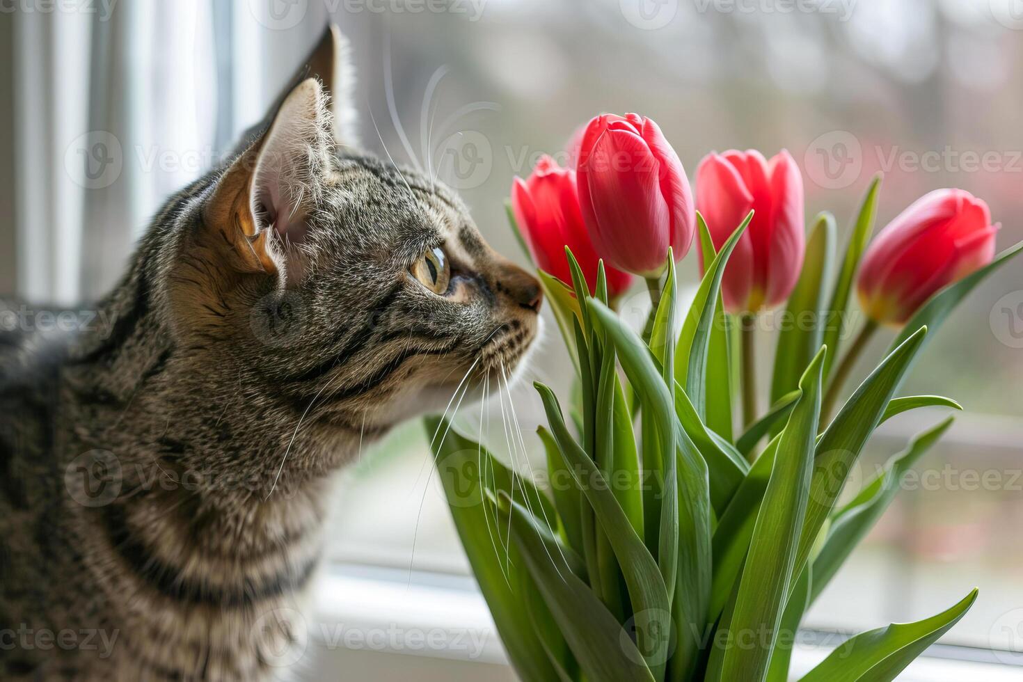 huiselijk gestreept kat met tulpen. . foto