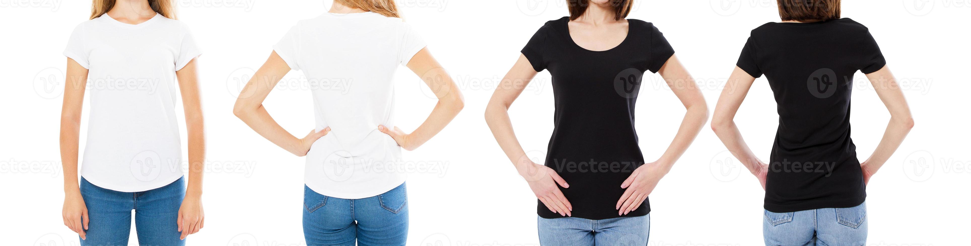 vrouw in wit en zwart t-shirt geïsoleerd voor- en achteraanzicht bijgesneden afbeelding lege t-shirt opties, meisje in tshirt set. spotten. shirtontwerp en mensenconcept. foto