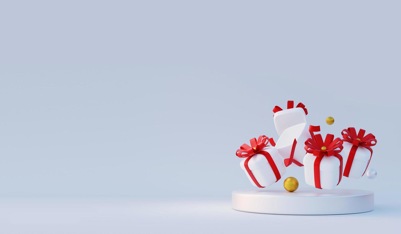 verschillende witte geschenkdozen en rode linten met kopieerruimte foto