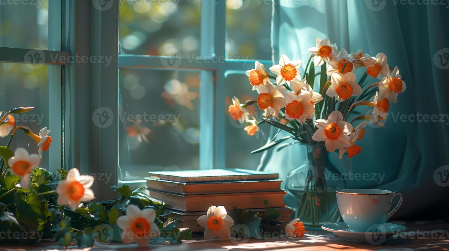 een tafel met boeken gestapeld Aan het, De volgende naar een vaas met een groot boeket van een narcis bloemen, en een kop van heet thee. gegenereerd door kunstmatig intelligentie. foto