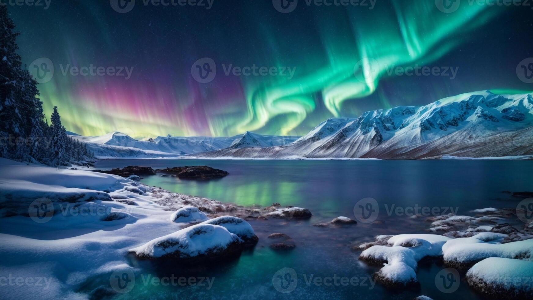 winter landschap met Aurora borealis foto