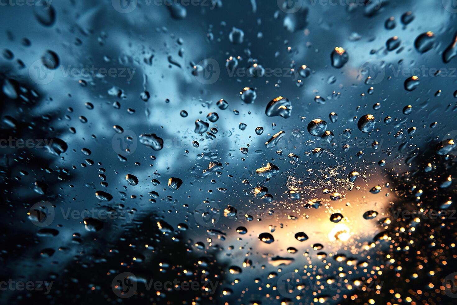 groot druppels van regen Aan de glas of kap van een auto met de lucht weerspiegeld. gegenereerd door kunstmatig intelligentie- foto