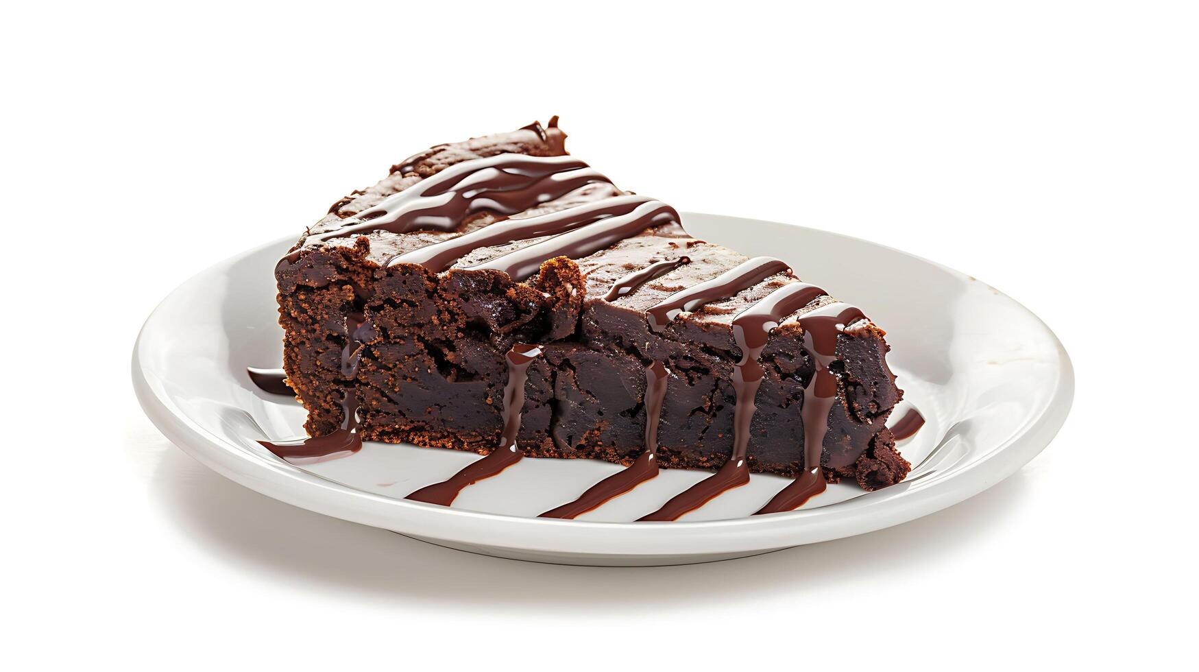 een stuk van brownie taart met gesmolten chocola Aan een wit bord Aan een wit achtergrond foto