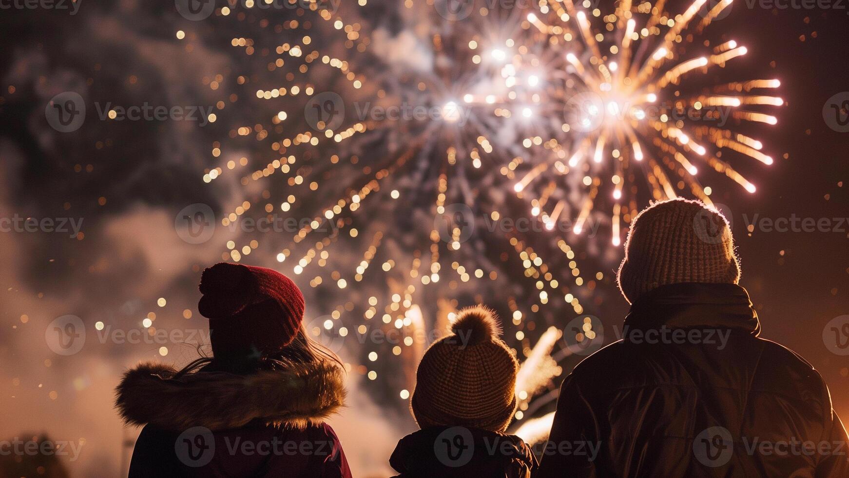 gelukkig familie aan het kijken vuurwerk in de nacht lucht. Kerstmis en nieuw jaar concept foto