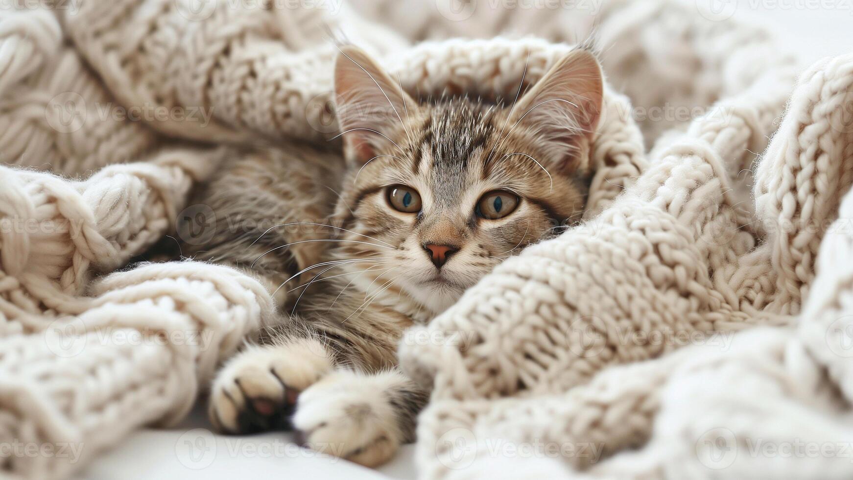 schattig weinig katje aan het liegen Aan zacht deken, detailopname. aanbiddelijk huisdier foto