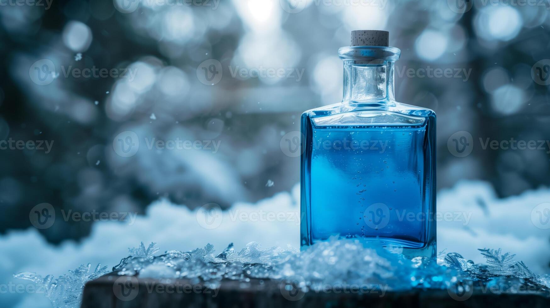 een blauw gin fles op een houten oppervlakte in een besneeuwd achtergrond. gegenereerd door kunstmatig intelligentie. foto