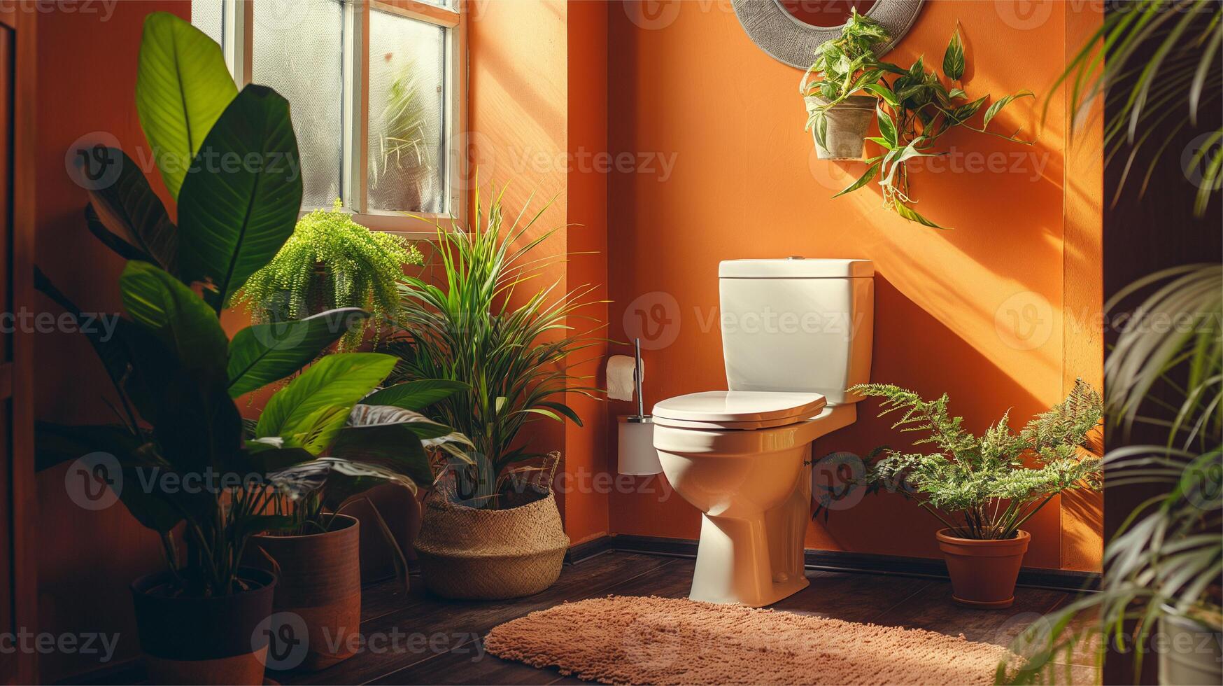 modern toilet kamer interieur, klassiek wit keramisch toilet kom met water tank en geopend stoel deksel, toilet kom in modern badkamer foto