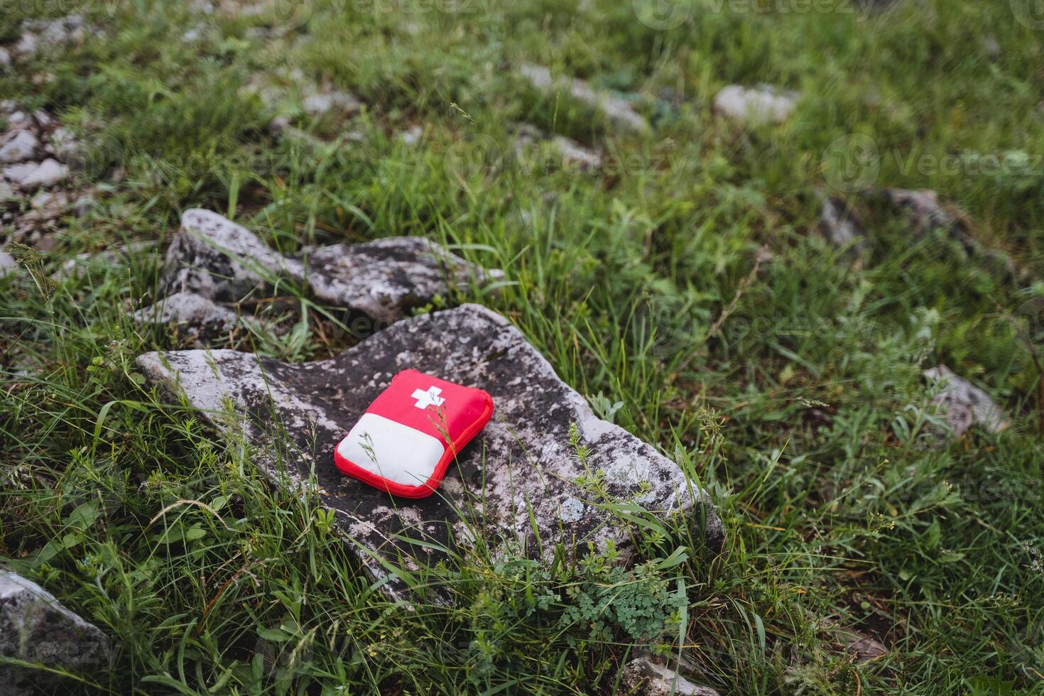 een rood zak met een kruis leugens Aan een steen, een eerste steun uitrusting, een pakket voor een reeks van geneesmiddelen Aan voet door de Woud, een natuurlijk visie foto