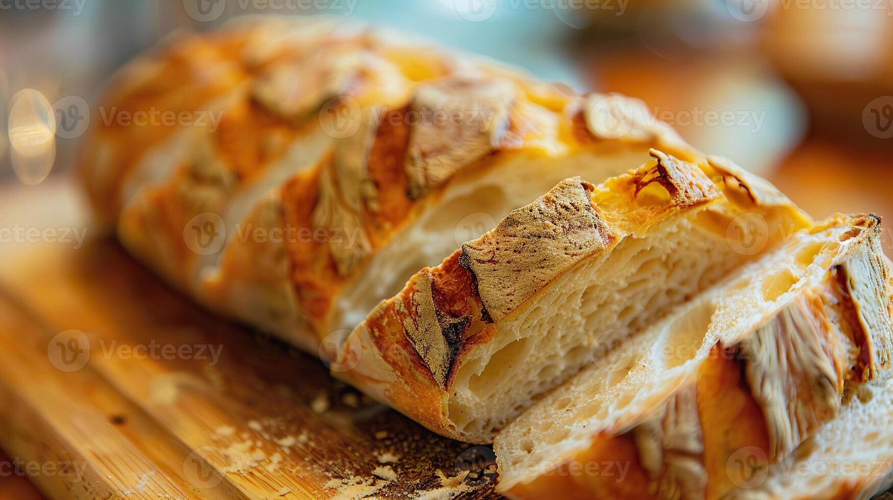 knapperig ambachtelijk brood, gesneden Aan een rustiek houten bord foto