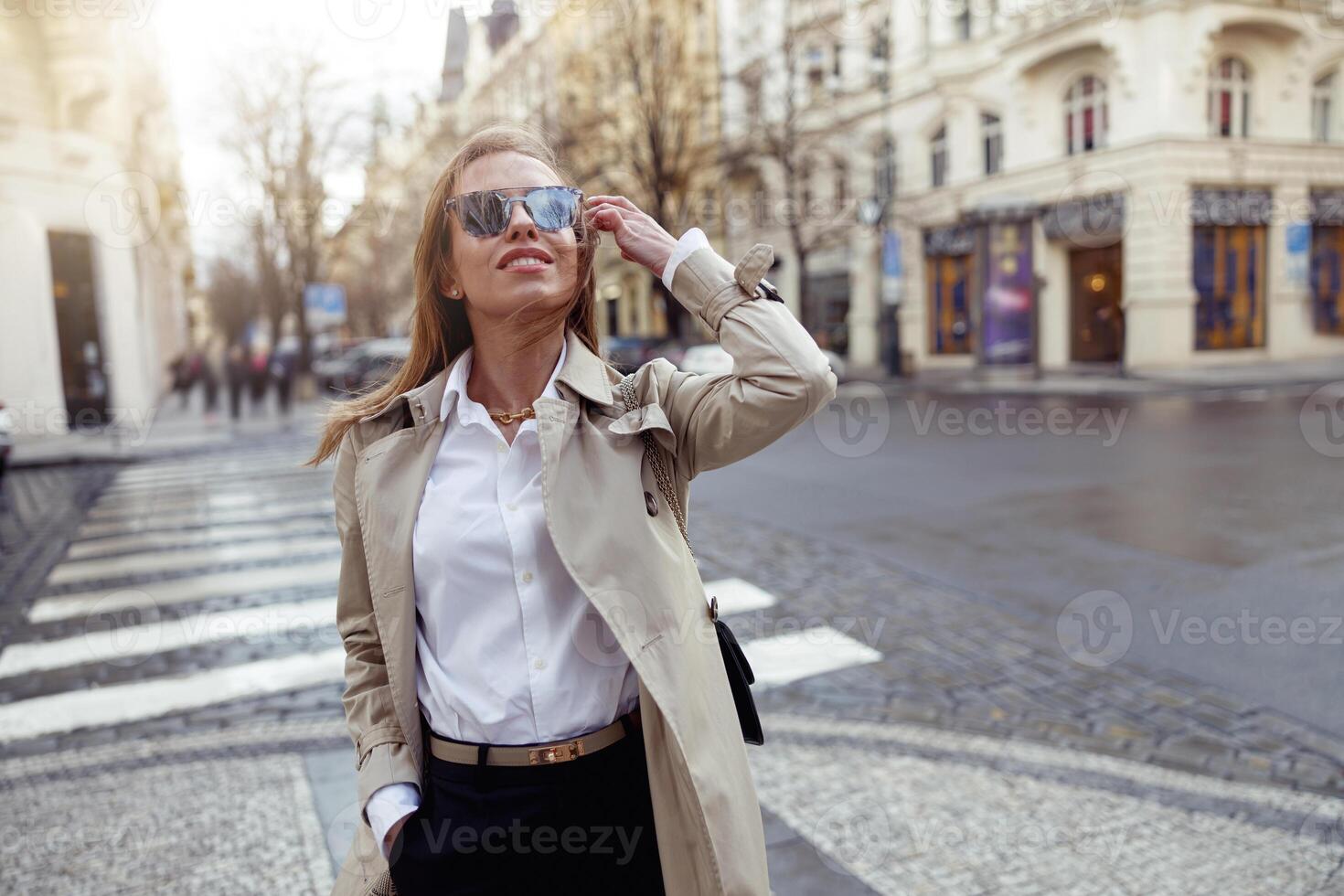 aantrekkelijk modieus vrouw in jas kruispunt de stad straat en op zoek Bij kant foto