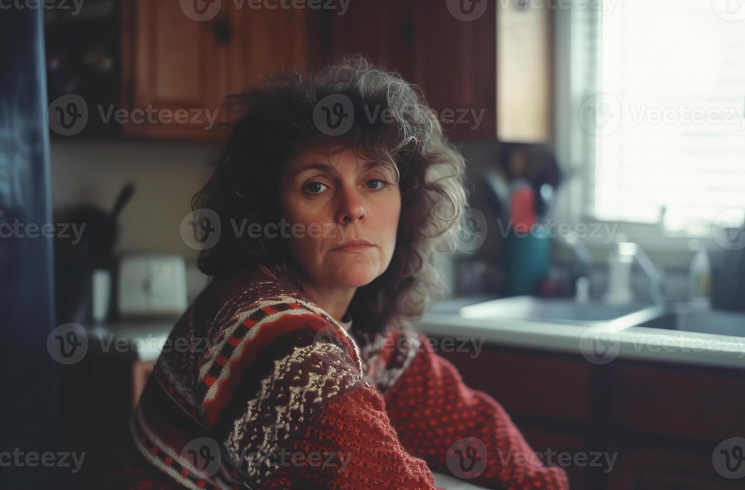 contemplatief vrouw in keuken met natuurlijk verlichting foto
