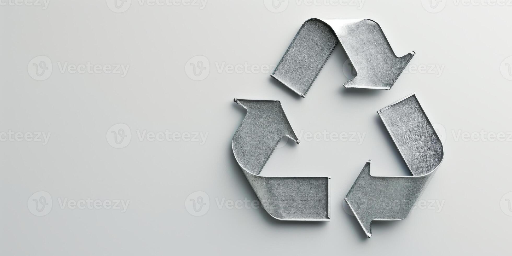 een strak, metaal recycling symbool staat uit tegen een ongerept wit achtergrond, symboliseert modern duurzaamheid foto