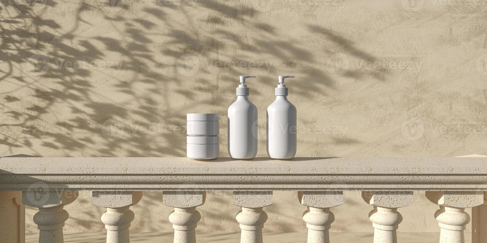 cosmetische podiumvertoning. presentatie van het productmerk. mockup scene balkon met schaduw van abstracte achtergrond. 3D render illustratie. foto