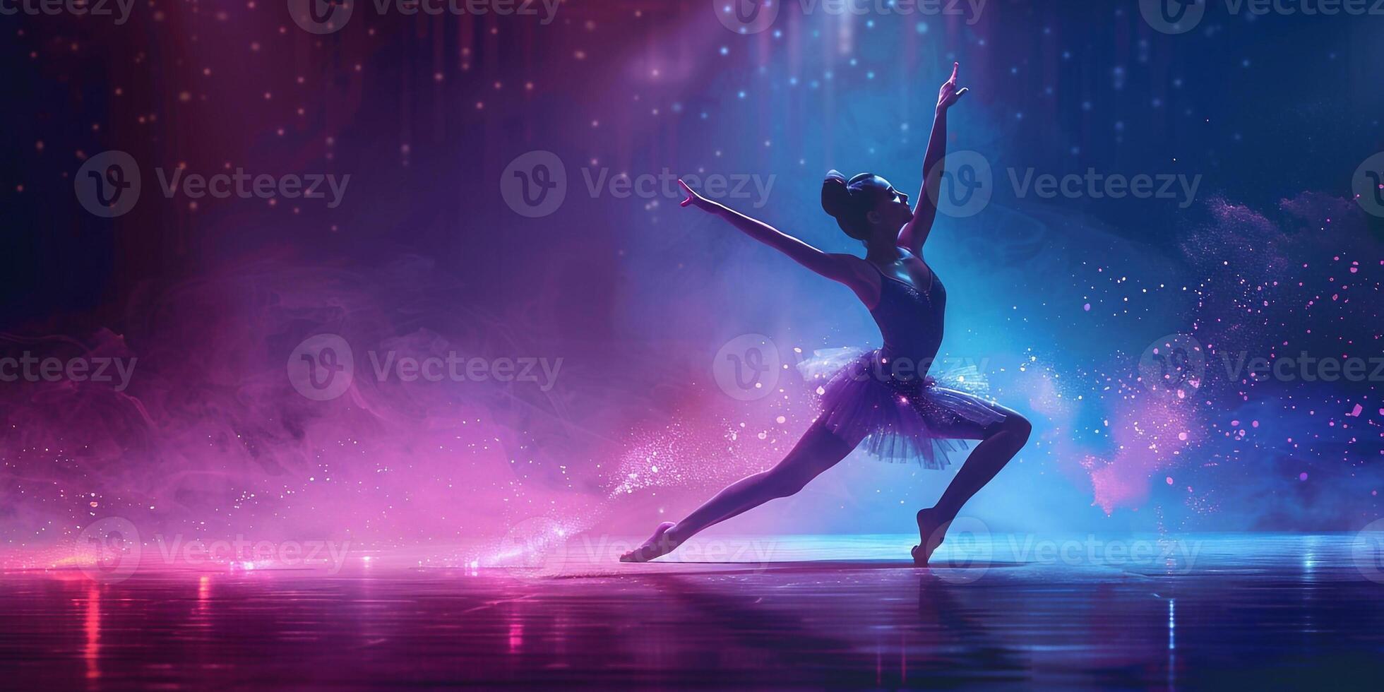 ai gegenereerd jong mooi vrouw sportief danser in zwart panty het uitvoeren van modern stijl ballet maken acrobatisch elementen vrouw ballet danser in kunst prestatie in voorkant van achtergrond foto