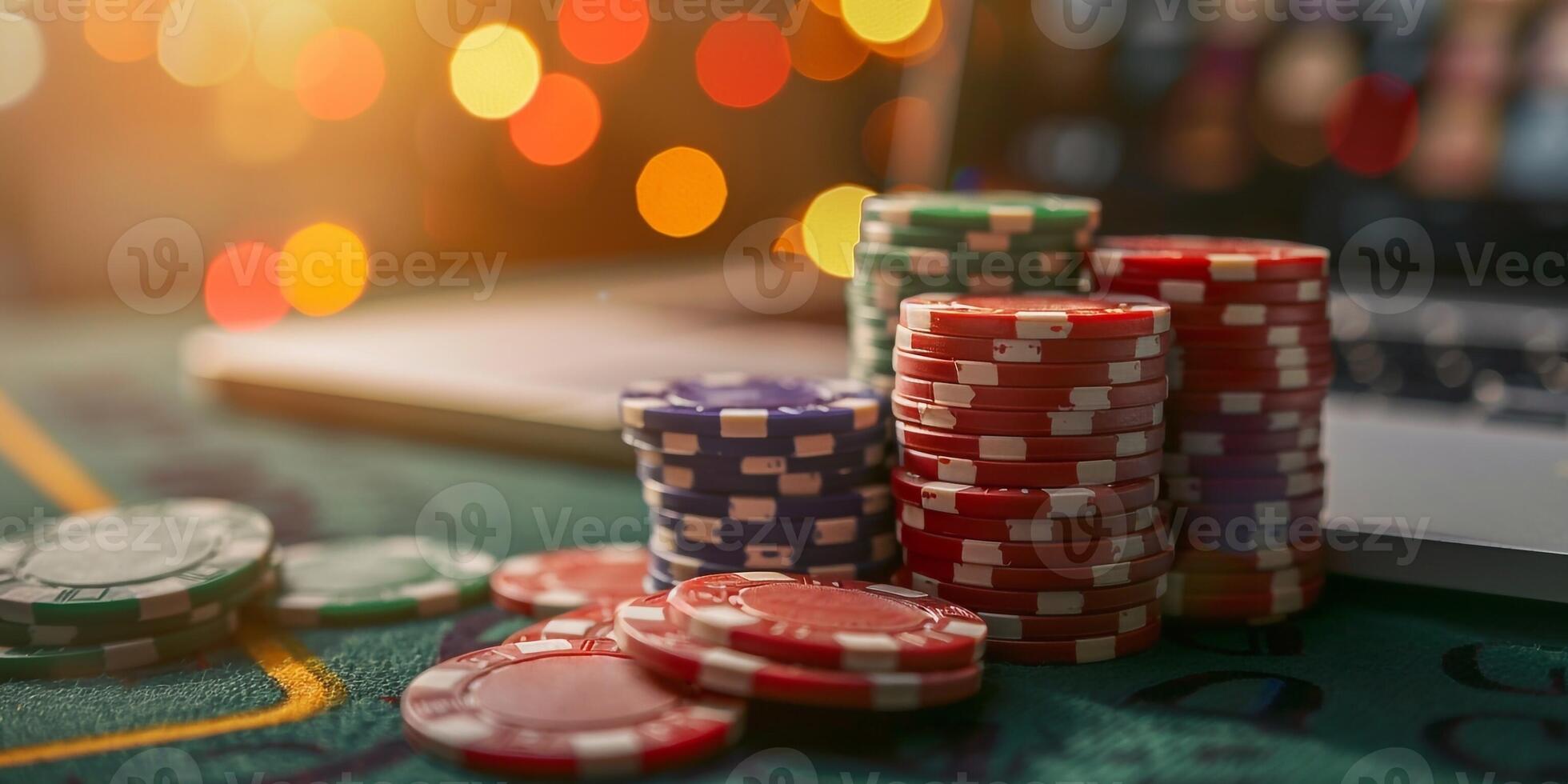 ai gegenereerd poker chips Aan tafel in casino foto