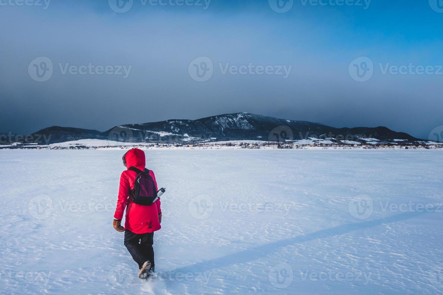 vrouw loopt eenzaam op een bevroren meer tijdens koude winterdag foto