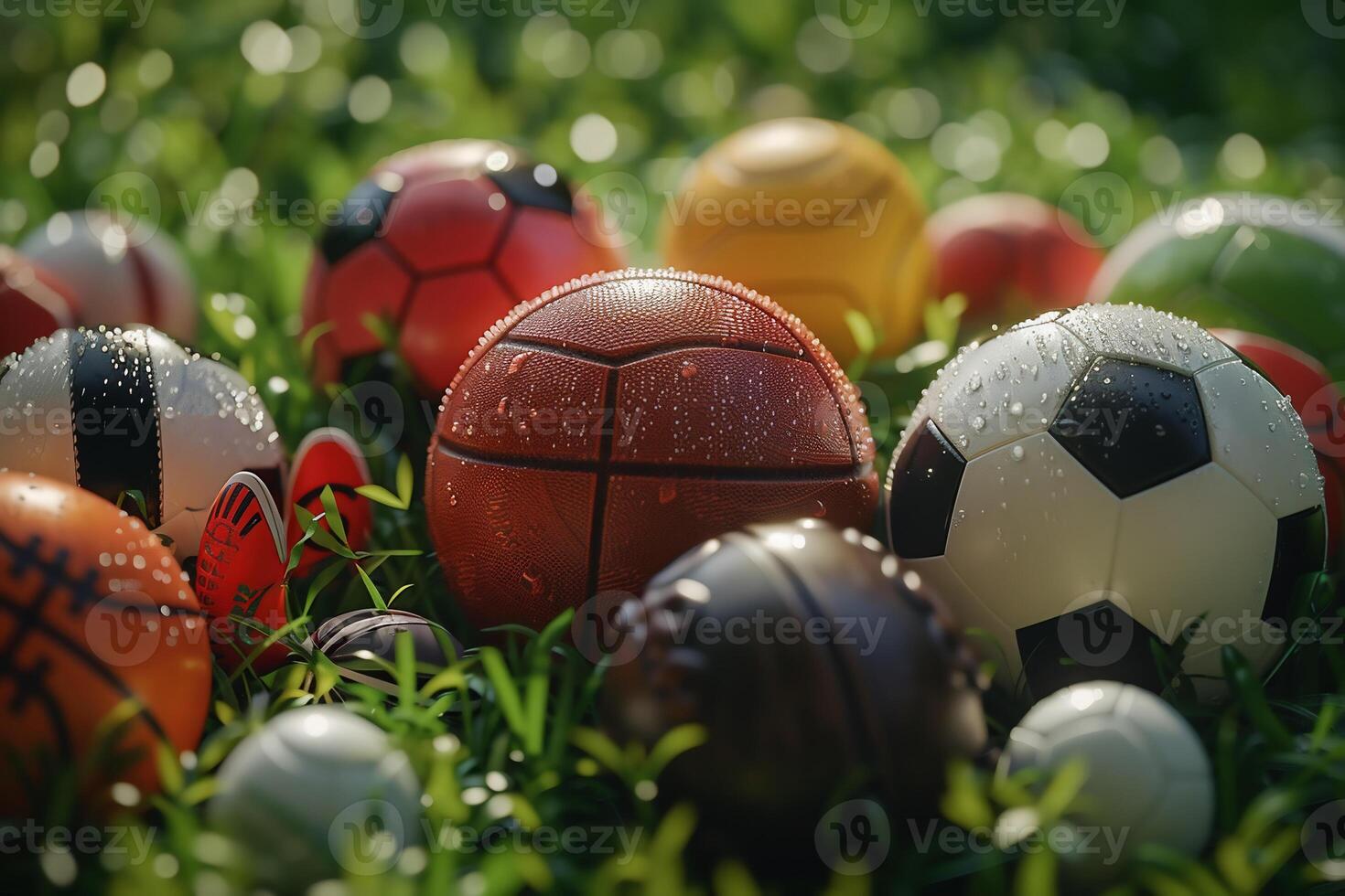 ai gegenereerd 3d renderen van een basketbal, basketbal, en voetbal ballen foto