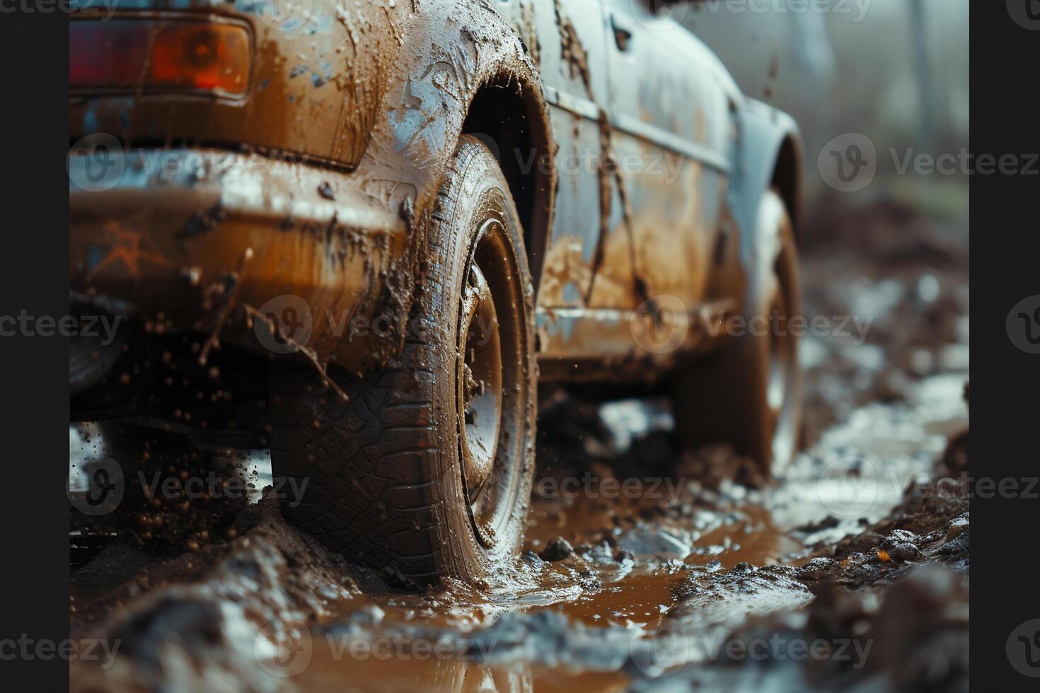 ai gegenereerd de offroader is het rijden aan de overkant de veld- en modder is in de manier, spatten van slush zijn vliegend in allemaal routebeschrijving. arm weg kwaliteit in platteland. foto