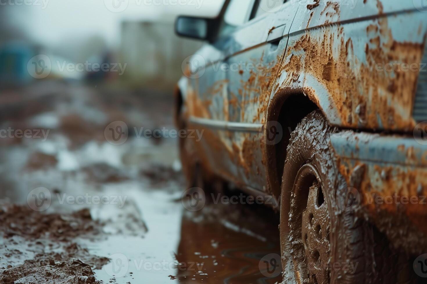 ai gegenereerd de offroader is het rijden aan de overkant de veld- en modder is in de manier, spatten van slush zijn vliegend in allemaal routebeschrijving. arm weg kwaliteit in platteland. foto