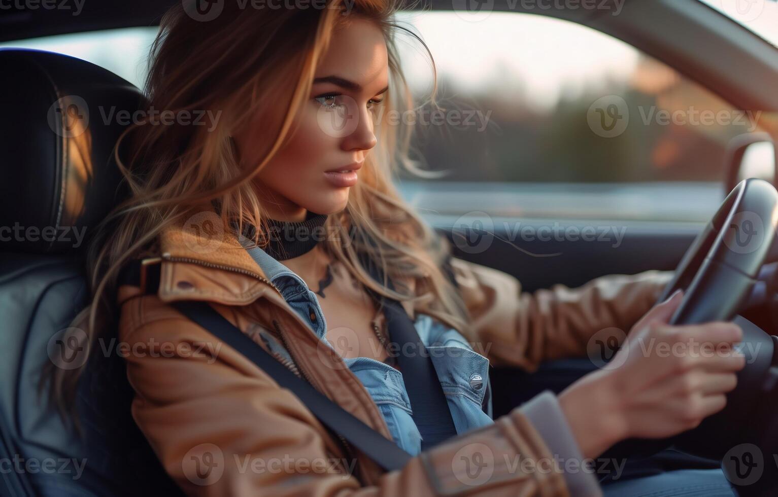 ai gegenereerd jong mooi meisje bestuurder in de auto foto
