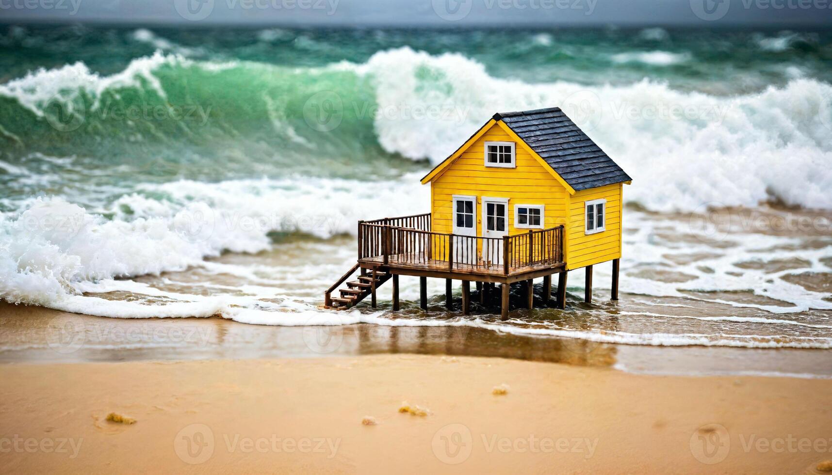 miniatuur tafereel van klein huis van zand strand eiland, foto