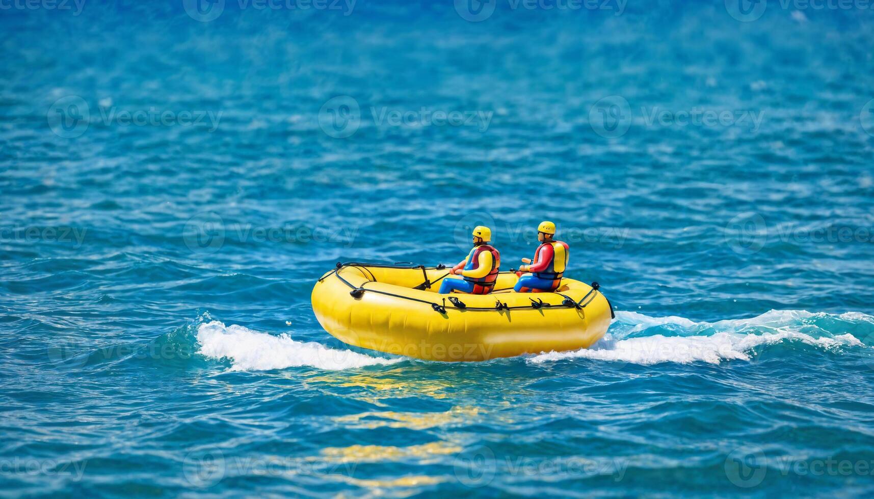 miniatuur tafereel van vlot redden vlotter boot en zand strand eiland, foto