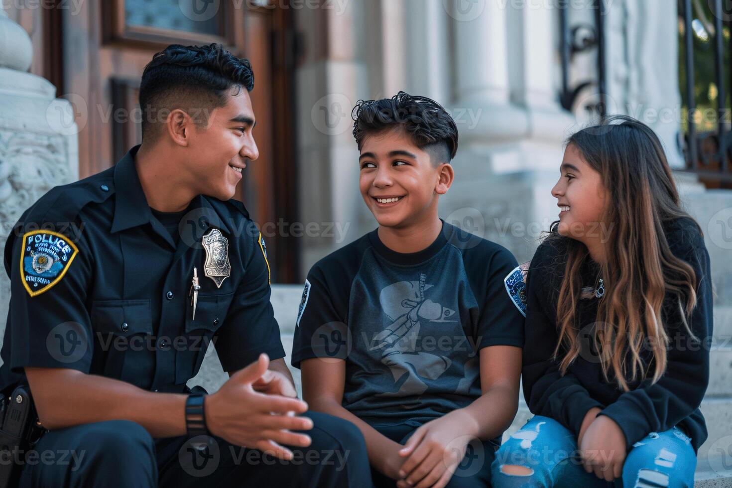 ai gegenereerd gelukkig spaans Politie officier pratend naar tiener foto