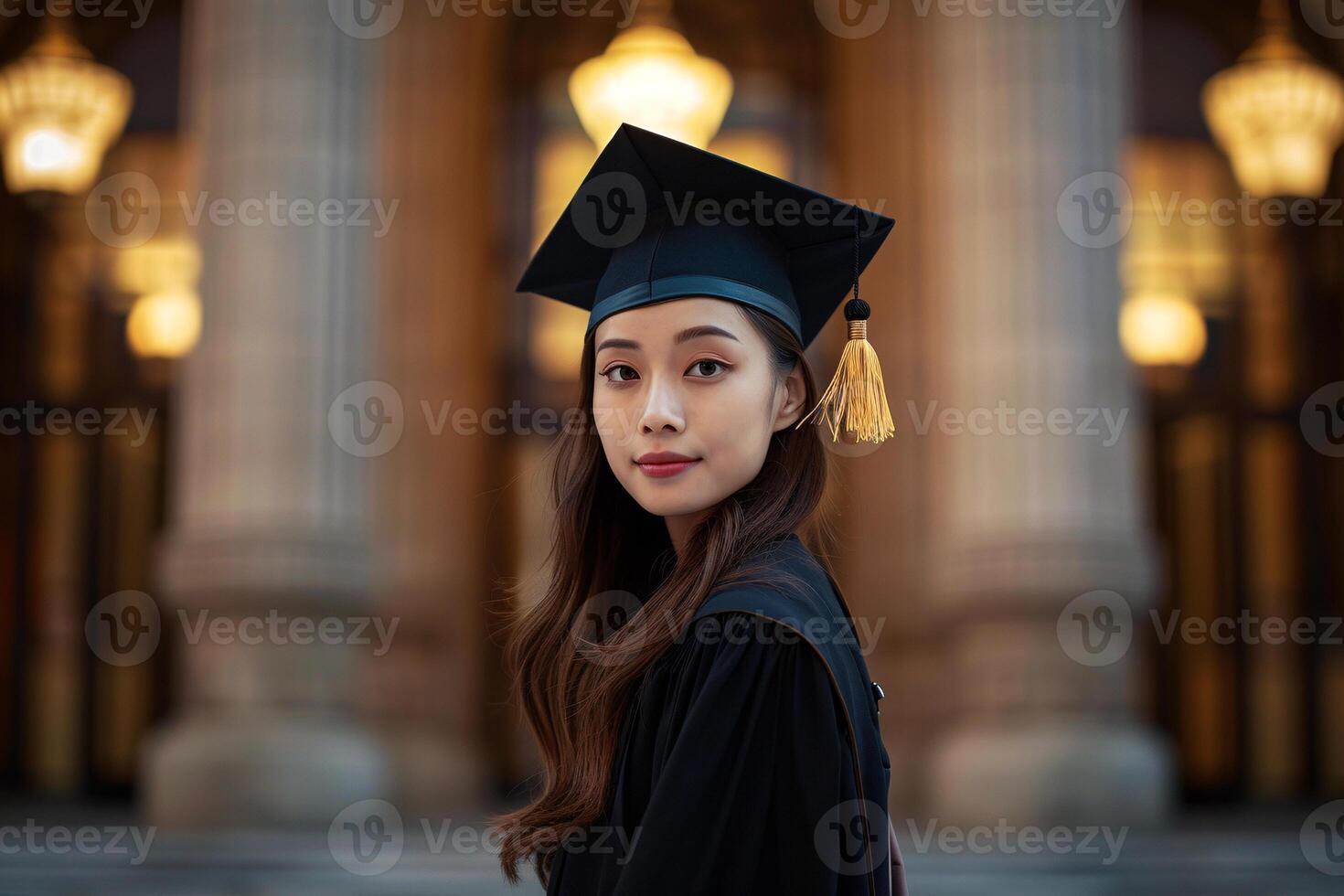 ai gegenereerd Aziatisch college afstuderen leerling staand in voorkant van Universiteit gebouw foto