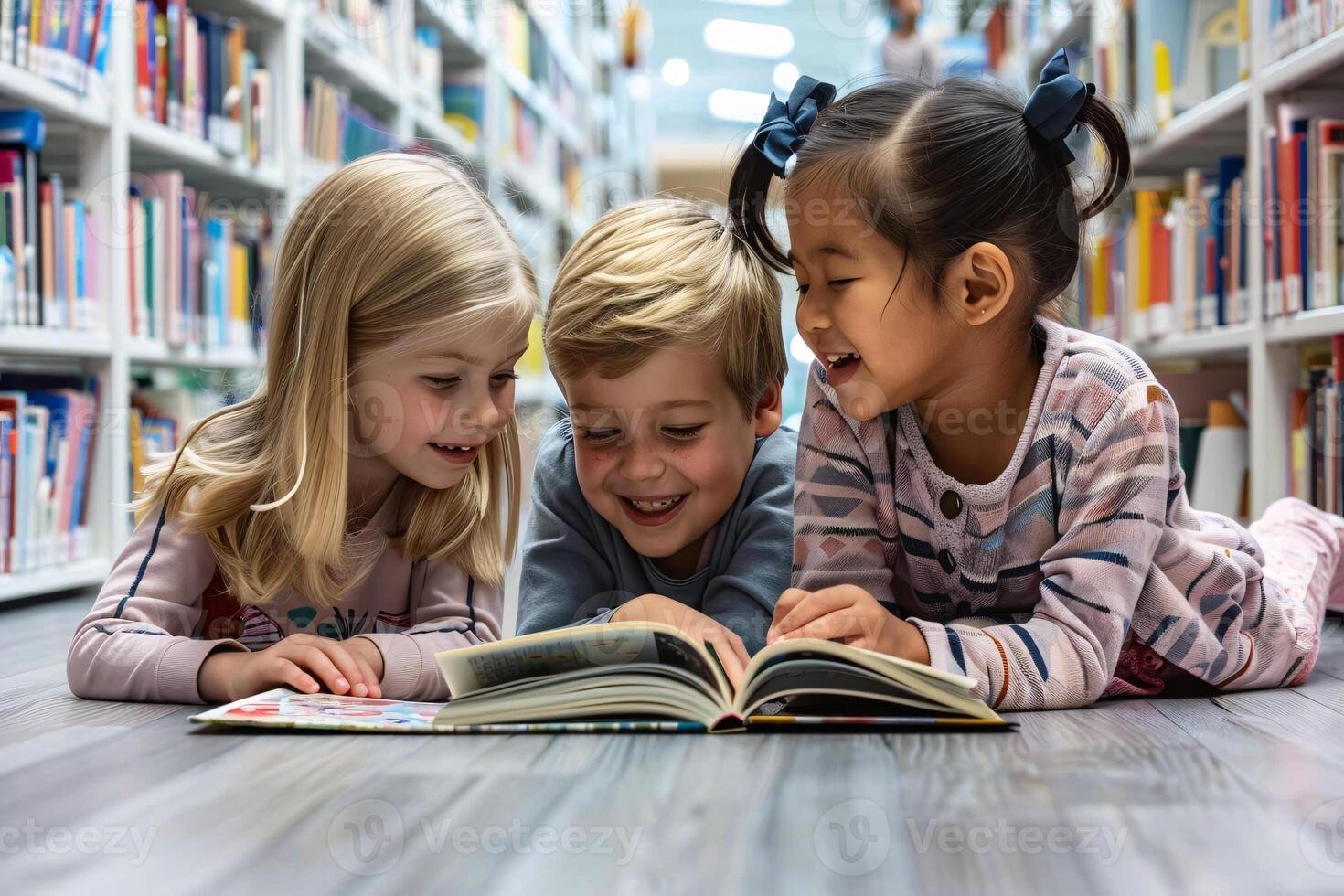 ai gegenereerd kinderen lezing boek samen in bibliotheek foto