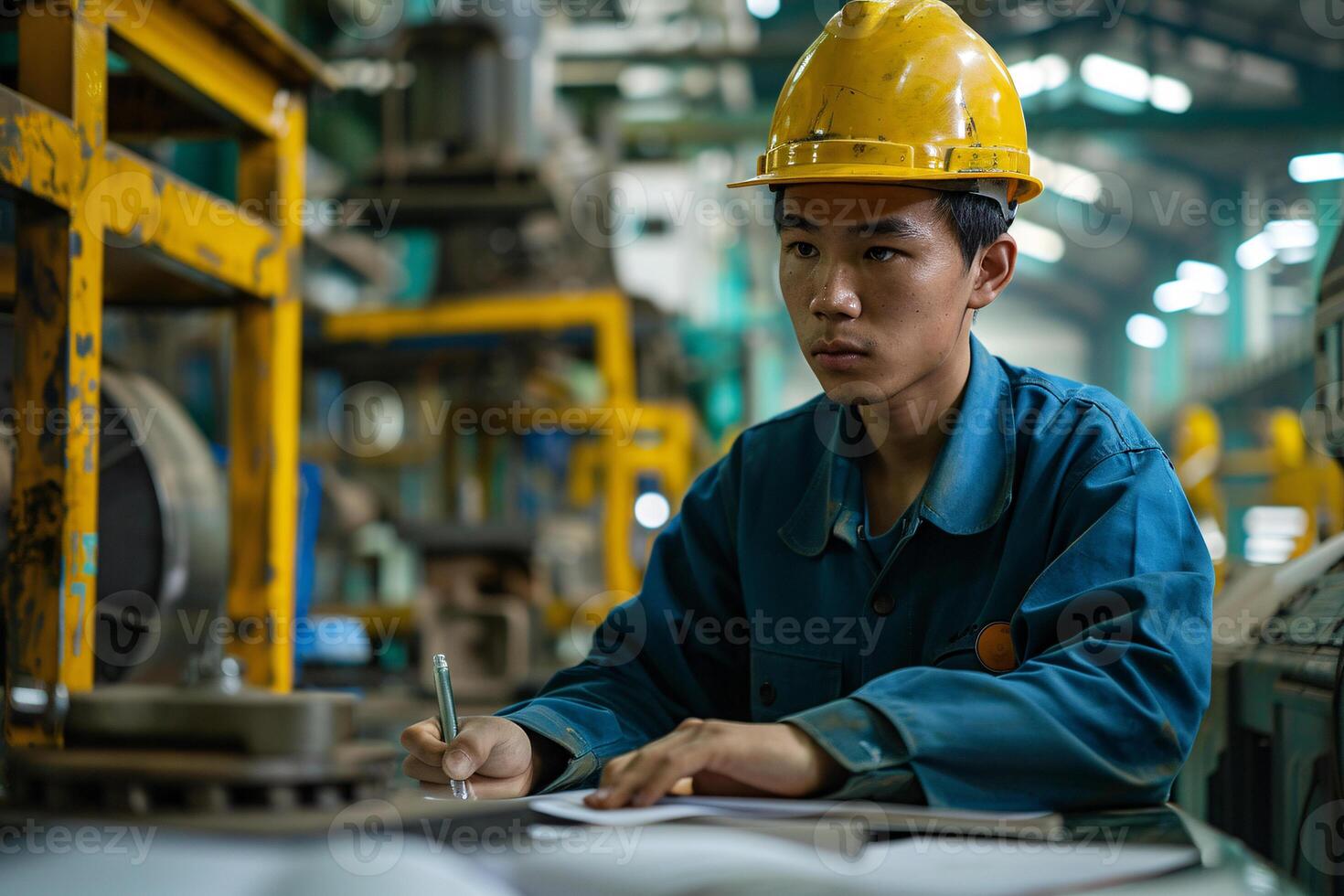 ai gegenereerd Aziatisch mannetje ingenieur werken in fabriek foto