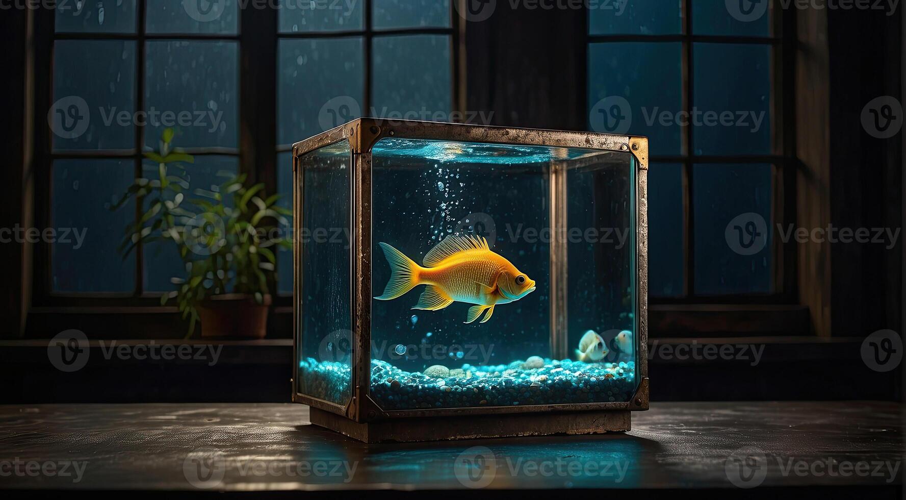 ai gegenereerd glinsterende gouden vis in glas aquarium met verroest metalen randen Aan donker ruw achtergrond. uniek huis decor zin van wijnoogst charme, mystiek, mysterie, oudheid, nostalgie, nieuwsgierigheid foto