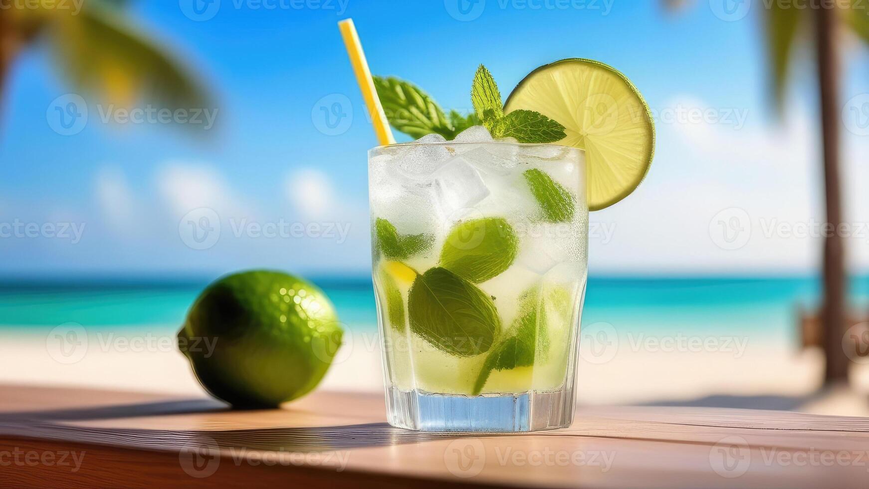 ai gegenereerd glas van mojito cocktail Aan strand bar balie, blauw lucht, wit oceanisch zand, licht wazig achtergrond, selectief focus, kopiëren ruimte foto