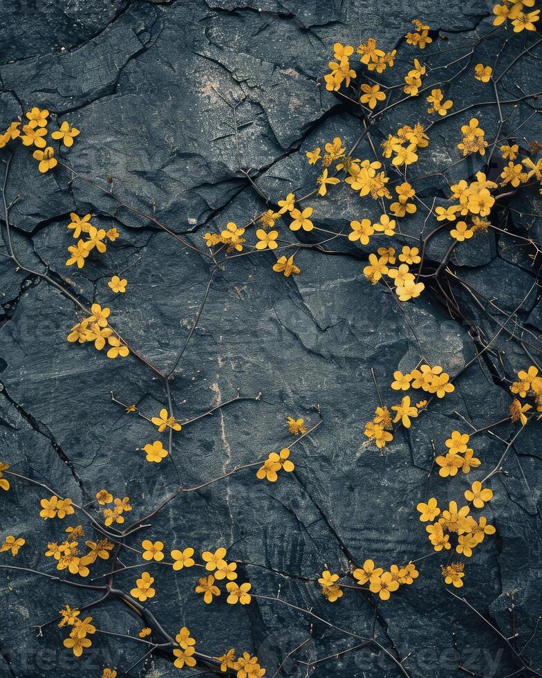 overvloed van klein geel bloemen Aan donker steen achtergrond foto
