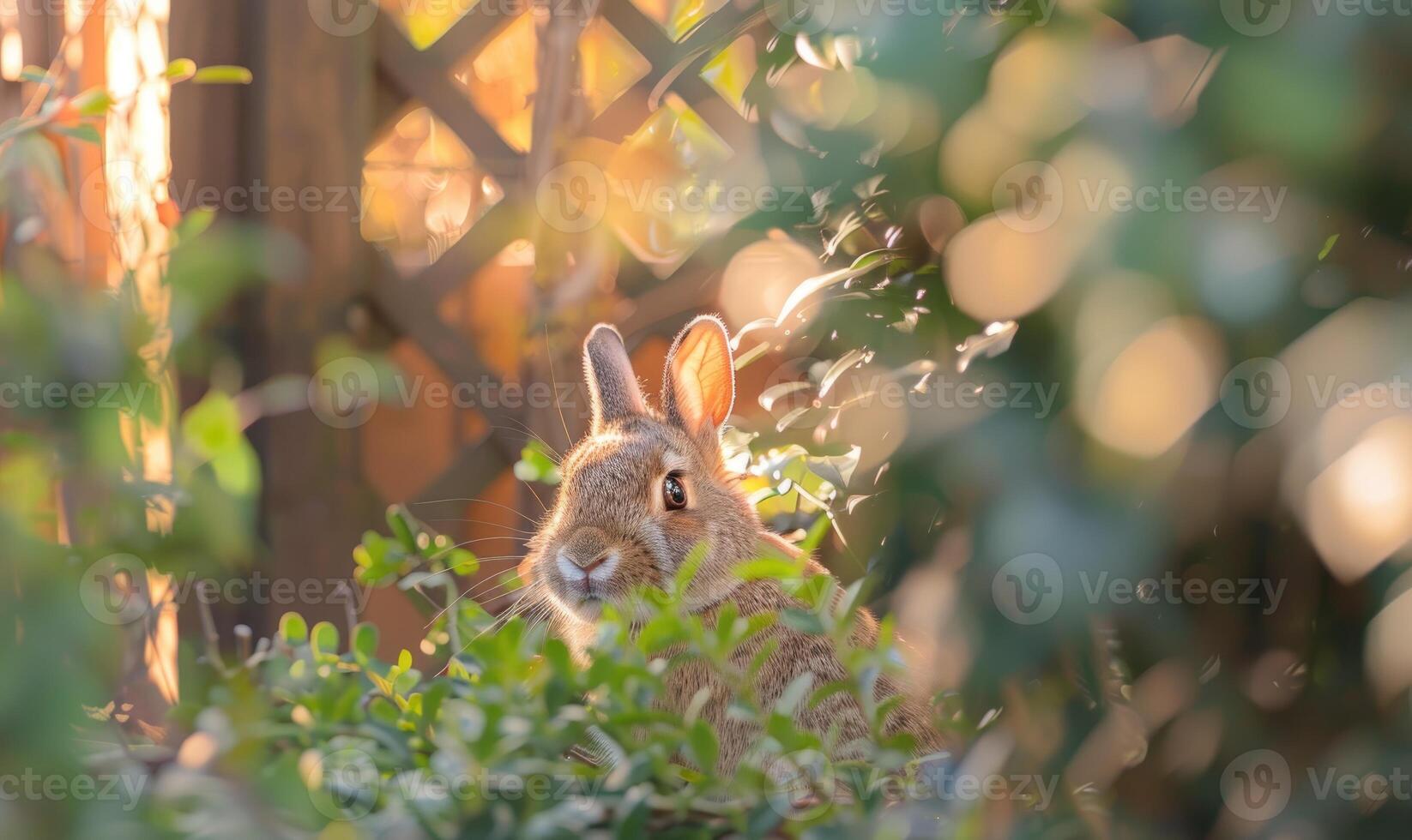 een pluizig bruin konijn gluren uit van achter een struik foto