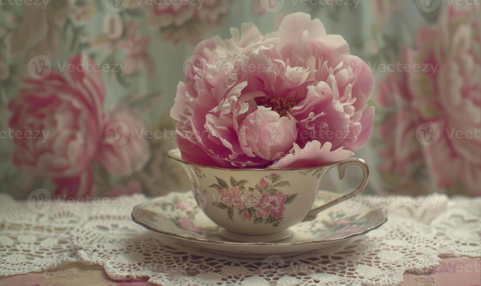 een pioen bloem in een wijnoogst theekopje, detailopname visie foto