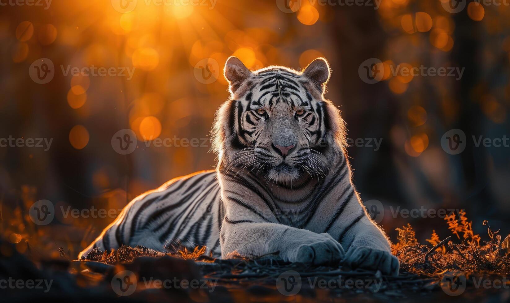 een wit tijger genieten in de warm gloed van de instelling zon foto