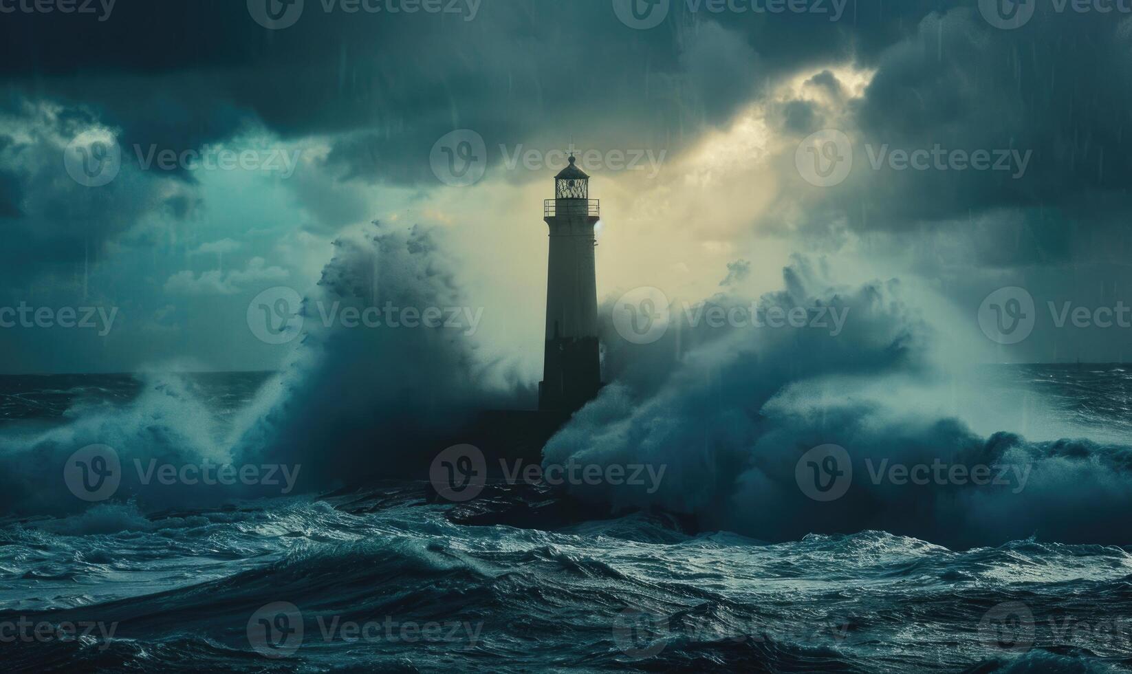 een vuurtoren staand hoog tegen de backdrop van een stormachtig oceaan foto